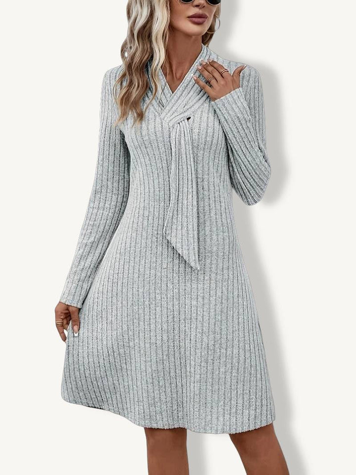 Elegant Women's Ribbed Knit Dress with Scarf