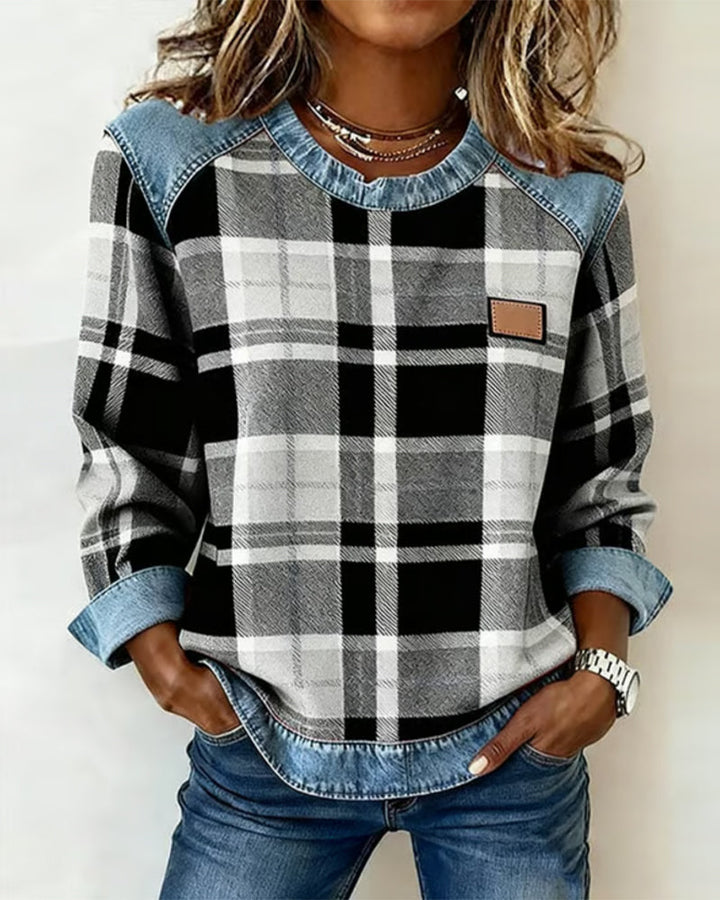Women's Casual Round Neck Denim Patchwork Pullover Sweatshirt